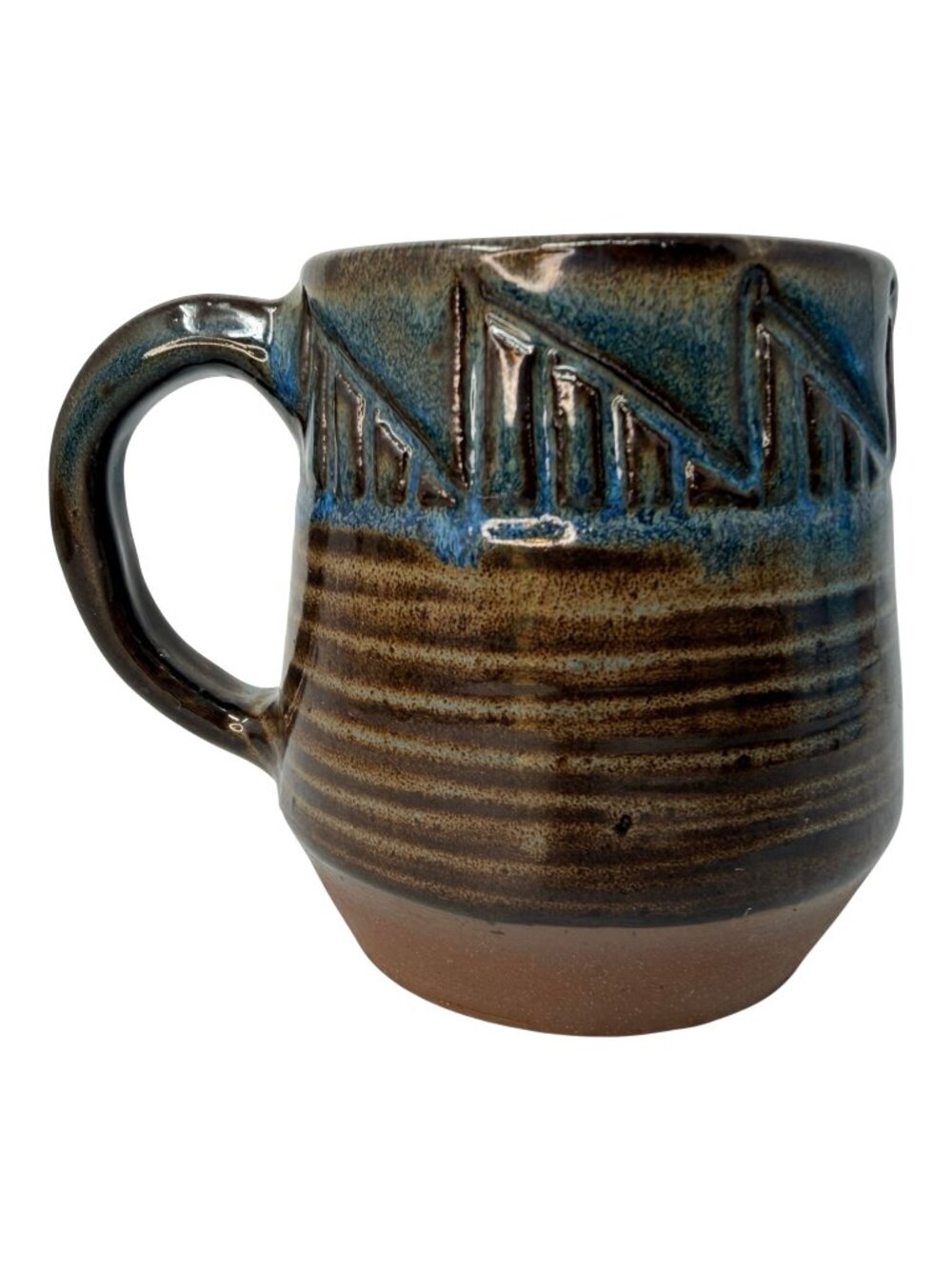 Handmade Studio Pottery Mug Blue Brown Drip Glaze Carved Band Signed‎ DG 1990s